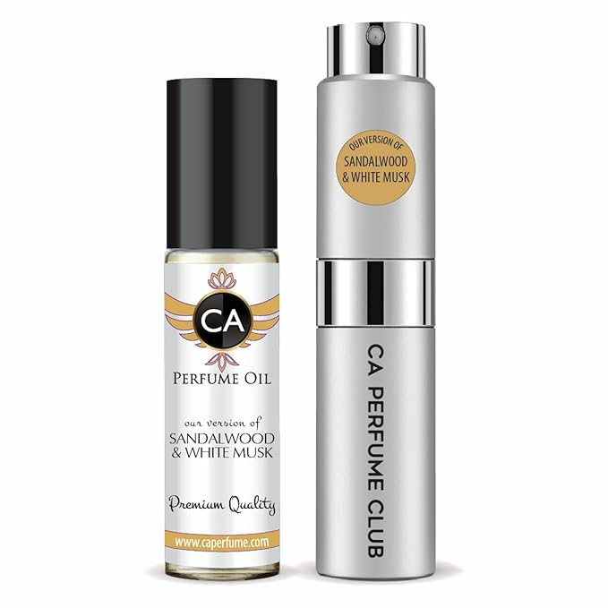 CA Perfume Duo Impression of Sandalwood & White Musk For Women And Men Perfume Layering Set Long Lasting Travel Size EDP + Body Oil Roll-On Bottle 0.27 Fl Oz+0.33 Fl Oz