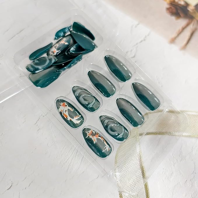 24Pcs Summer Press on Nails Almond Short Fake Nails 3D Water Ripples Cute Fish Design Elegant Shine Artificial False Nails Full Cover Stick on Nails for Women Dark Color Acrylic Nails Set