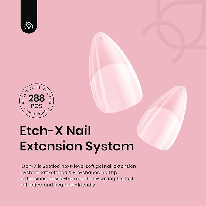 Beetles Extra Short Almond Nail Tips, 12 Sizes 288 PCS Pre-Shaped Clear Full Cover Etch Gel Nail Tips Clear Acrylic Press on Nails Extension for Girls Women Nail Art Design, Nail Glue Needed
