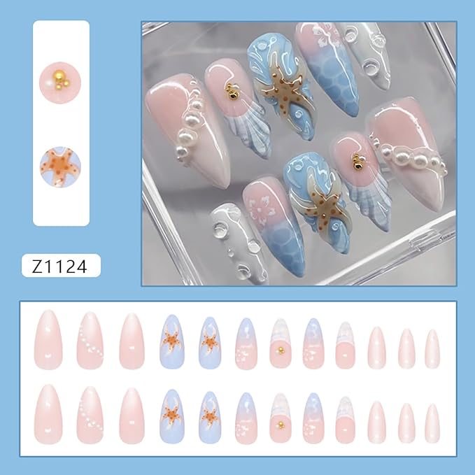 24Pcs Blue French Tip Press on Nails Medium Almond Beach Fake Nails 3D Summer Starfish Hibiscus with Pearl Full Cover Artificial Nails Ocean False Nails Stick on Nail for Acrylic Manicure Supplies