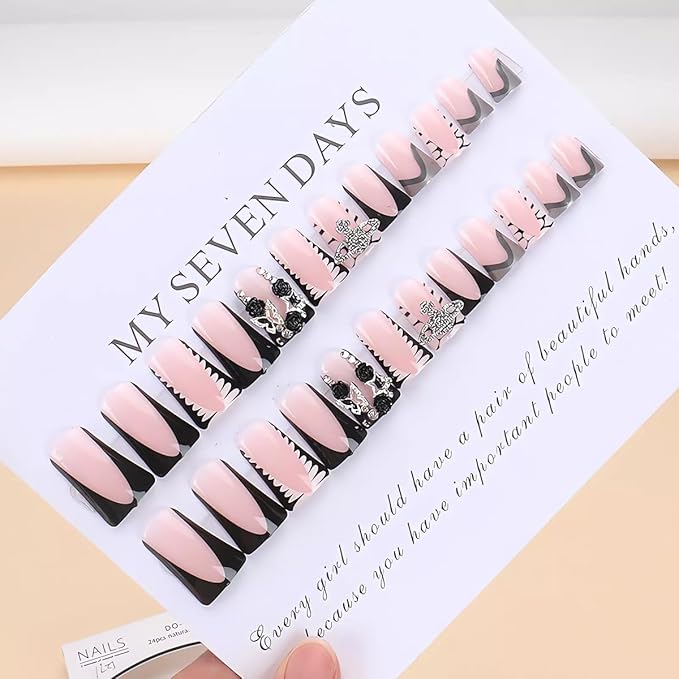 Acrylic Press on Nails Duck Shape Fake Nails Pink and Black Edge Design Glue on Nails with Crystal Crown Cross Embellishments French Tip Artificial Nails for Women Girls, 24 Pcs