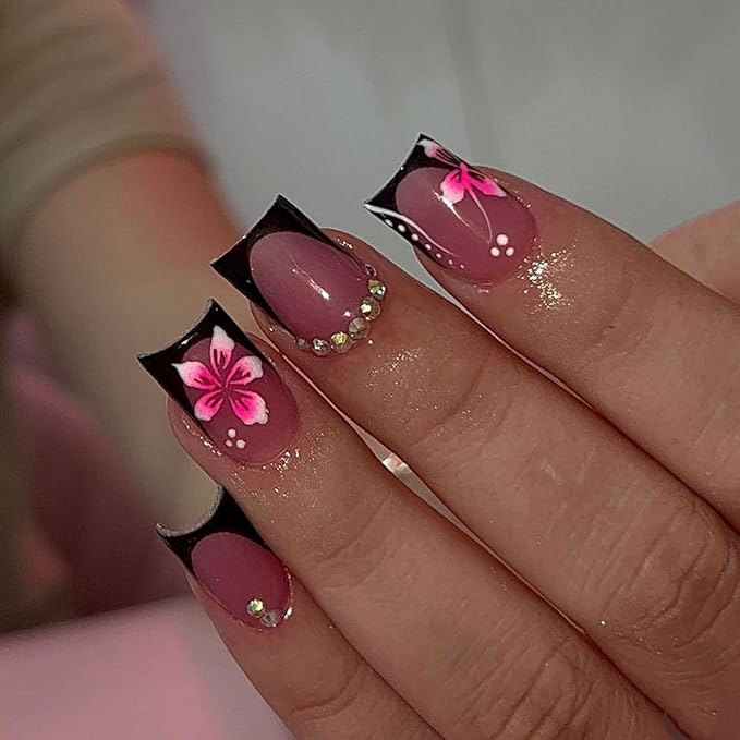 24Pcs Black French Tip Press on Nails Medium Square Flower Fake Nails with Rhinestones Glue on Nails Full Cover Pink False Nails Hibiscus Flower Artificial Stick on Nail Spring Acrylic Nails for Women