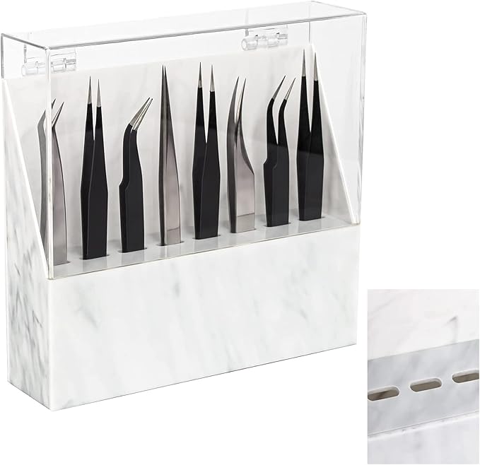 8 Holes Dust-proof Eyelash Tweezers Holder Case Acrylic Marble Tweezer Stand Display Organizer with Cover for Lash Extensions (white)