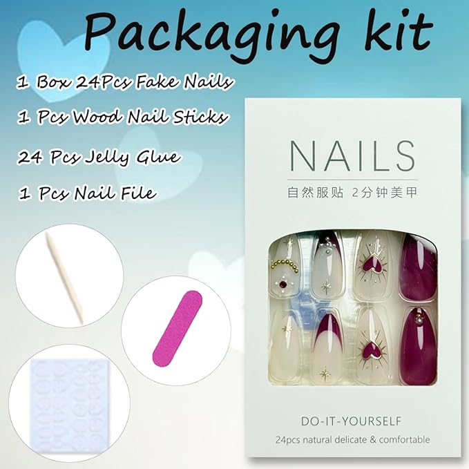 Red Press on Nails Medium Almond Shape NEWSPIED Fake Nails with Chrome Gold Wave & 3D Stars, Artificial Nails Full Cover Stick on Nails Heart Rhinestones Pearls Acrylic False Nails for Women 24 Pcs