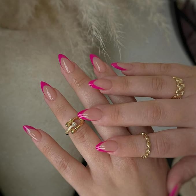 30Pcs Hot Pink French Tip Press on Nails Short Almond Press ons, Neon Short Fake Nails Almond Shaped Acrylic French False Glue on Nails for Women, Natural Stiletto Nail 15 Sizes