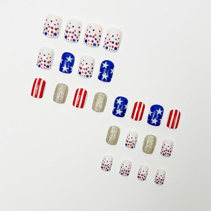 24Pcs 4th of July Press on Nails Short Square Fake Nails Red Blue Line False Nails with White Star Design Silver Glitter Stick on Nails Full Cover Artificial Glue on Nails Cute Nail Supplies for Women