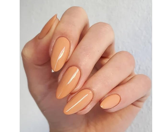 Press on Nails Almond,Nude Brown Medium Stiletto Glossy Handmade Gel False Nails,Reusable Salon Perfect Fake Nail Kit in 12 Sizes - 24 Pcs Soft Gel Glue On Nails Kit for Women Gift