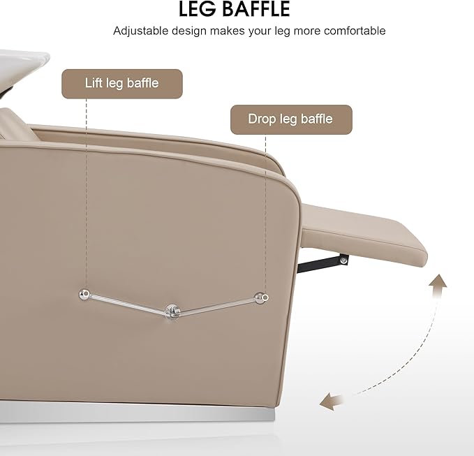 BarberPub Backwash Shampoo Station Chair, Adjustable Porcelain Ceramic Hair Wash Bowl Sink Unit Station, Reclining Shampoo Station Chair for Spa Beauty Salon Hair Salon Equipment 9303 (Beige)