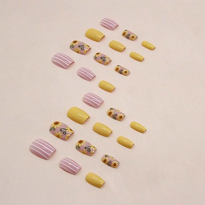 Square Press on Nails Short Fake Nails Sunflower with Line Design Yellow False Nails Acrylic Artificial Nails Glossy Glue on Nails Full Cover Stick on Nails for Women Manicure Art 24Pcs