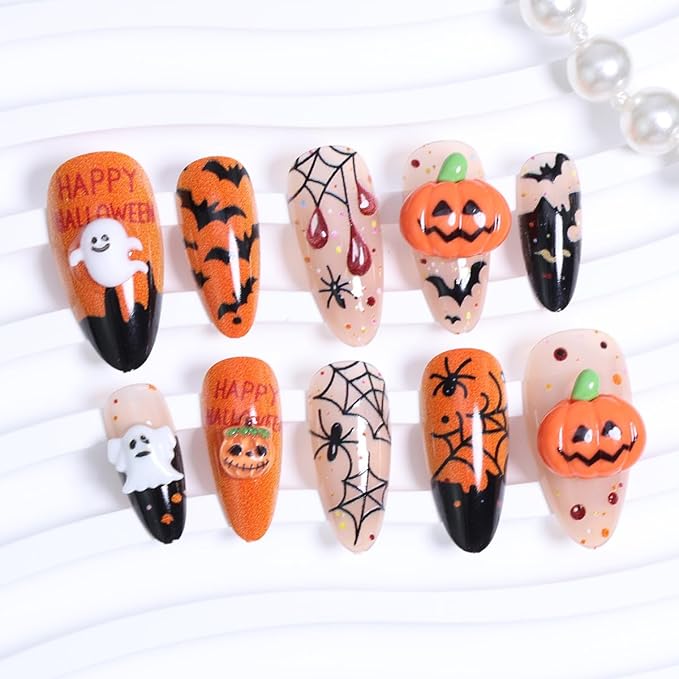 24Pcs Cute Halloween Press on Nails Medium Almond Pumpkin Fake Nails Black Spider Web with Ghost Designs Orange Nails Full Cover Glue on Nail Goth False Nails for Women Holiday Manicure Salons DIY