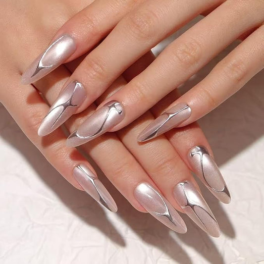 30 Pcs Long Press on Nails Almond Fake Nails Cat Eye Design Glue on Nails 3D Silver Line Glossy Acrylic Nails Full Cover Stick on Nails for Women 24 Pcs