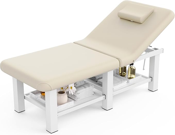 Folding Stationary Massage Table with Backrest and Storage Space, 6 Square Legs Metal Frame PU Leather, 30.5'' Wide × 75'' Long for Treatment Table Physical Therapy Table Spa Facial Bed, Beige Gray