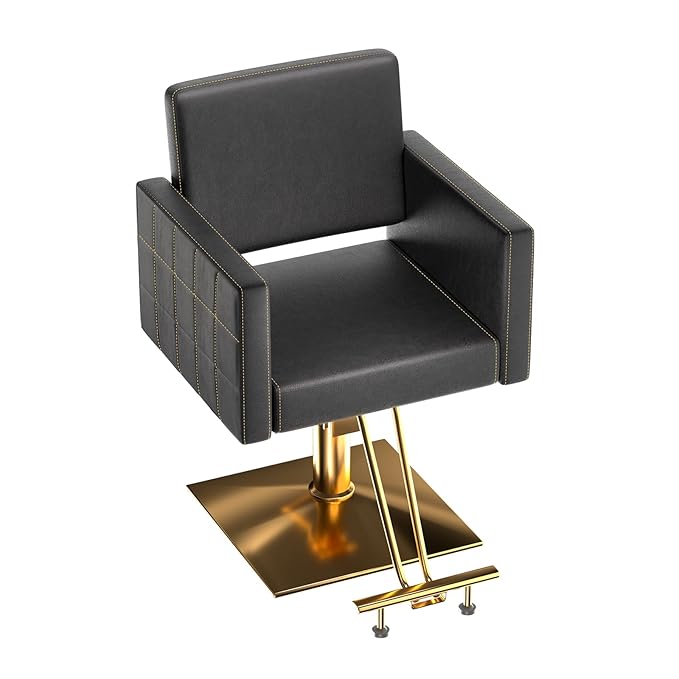 mefeir Black and Gold Barber Chair Hair Salon Chair with Heavy Duty Hydraulic Pump, Square Base, Stainless Steel Footrest,Styling Chair for Beauty Spa Hairdressing Braiding