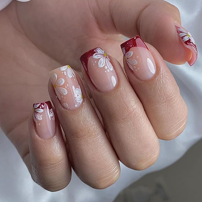 Red French Tip Press On Nails Spring Summer Acrylic Nails for Women - White Flower Designer Fake Nails Short Square 24Pcs, Outing/Party Reusable Glue On Stick On Nail Gift For Women