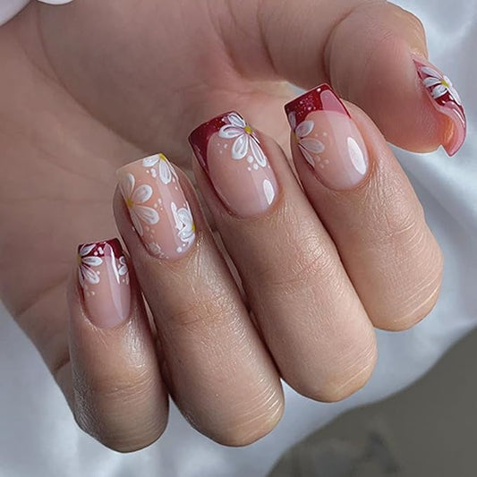 Red French Tip Press On Nails Spring Summer Acrylic Nails for Women - White Flower Designer Fake Nails Short Square 24Pcs, Outing/Party Reusable Glue On Stick On Nail Gift For Women