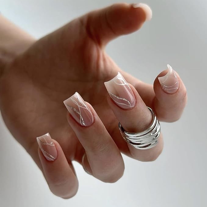Medium Press on Nails Square Fake Nails Gradient Pink Stick on Nails White Wave Line Acrylic Nails with Silver Designs Full Cover Glue on Nails Reusable Nude False Nails for Women Girls Nail Art Decor