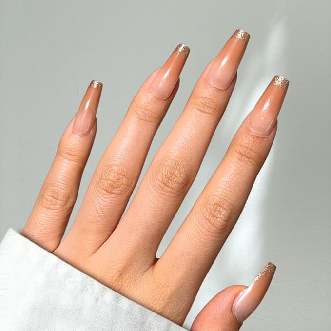 Perfect Look Press On Nails - Coral Shine | No Glue One-Day Coffin Nails, Peach Ombre Nails with Glitter French Tips - 24 Pcs Nail Kit with Adhesive Tabs