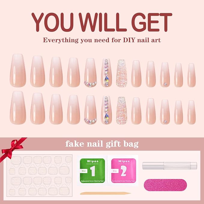 Yivaiks 24pcs glitter Press on Nails Medium Coffin Fake Nails with Glue on Nails for Women Luxurious 3D Crystal Gem Design Ballerina Pink Acrylic Nails (GD-002)