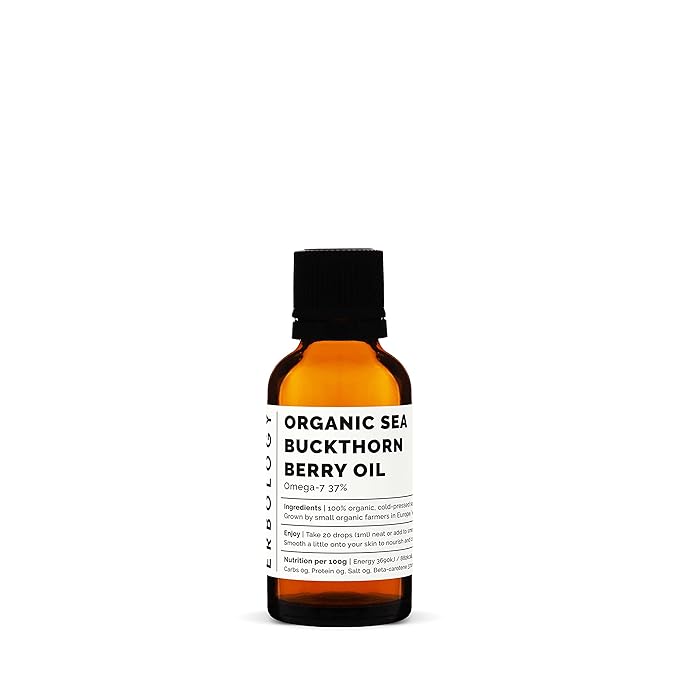 Erbology 100% Organic Sea Buckthorn Oil 1 fl oz - Cold-Pressed 50:1 - Rich in Omega-7 and Beta-carotene - Straight from Farm - Non-GMO - No Additives or Preservatives - Recyclable Glass Bottle