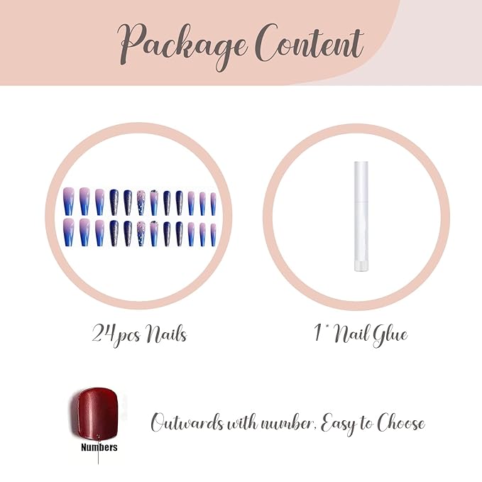 BABALAL Coffin Press on Nails Long Fake Nails with Nail Glue Blue Purple Glue on Nails 24Pcs Glitter Acrylic Nails Ballerina Stick on Nails