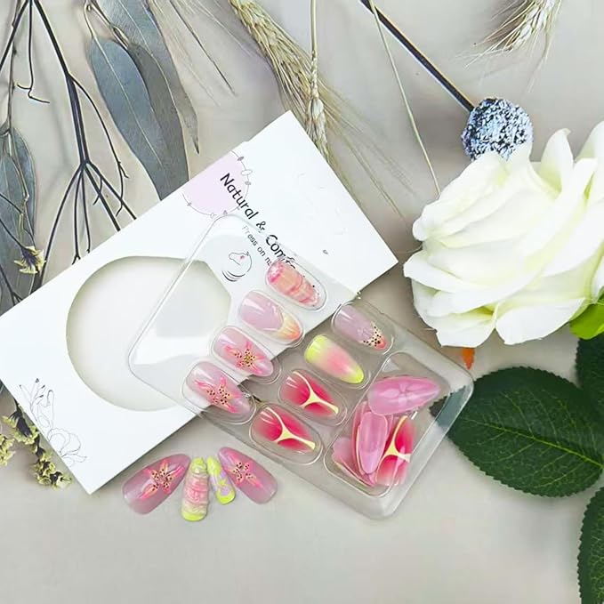 24Pcs Almond Press on Nails Short Fake Nails Metal Star Design Leopard French Tip Glue on Nail Reusable 3D Flower Acrylic Nails Press on Full Cover Nude Pink False Nail for Women Manicure Supplies