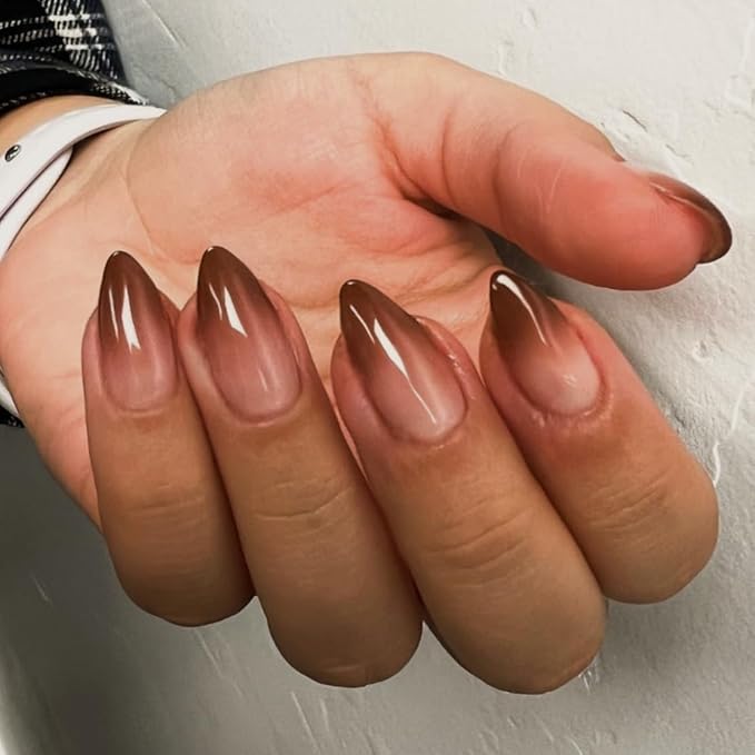 KQueenest Press On Nails Almond - Ombre Brown Press On Nails Medium Length, French Dark Fake Nails with Nail Glue, Reusable Soft Gel Gradient Nude Brown Glue On Nails for Women Decoration, 24 Pcs