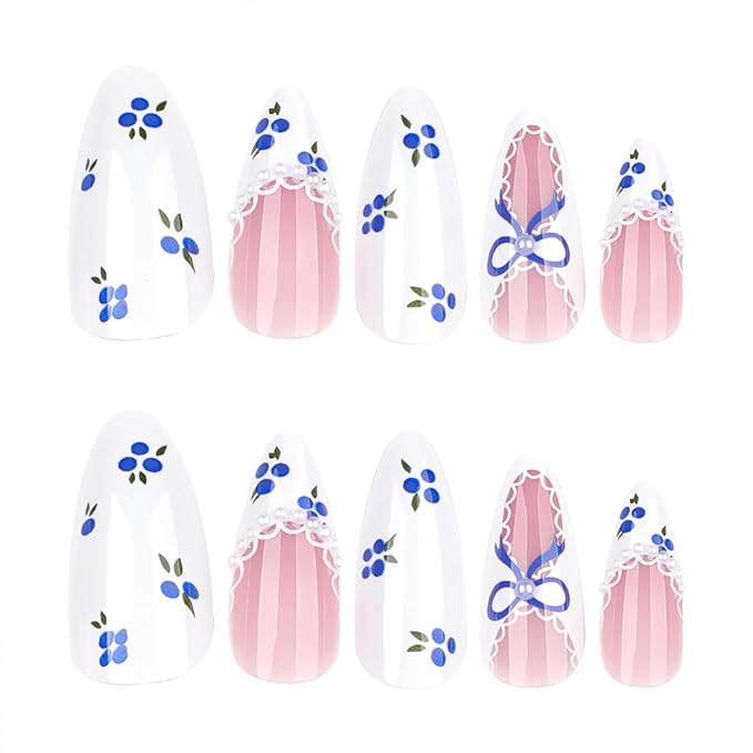 24Pcs Blue Bow Press on Nails Almond Medium Fake Nails Silver Pearl French Tip False Nails with Flower Design Full Cover Artificial Glue on Nails Nude Stick on Nails for Women DIY Manicure Decoration