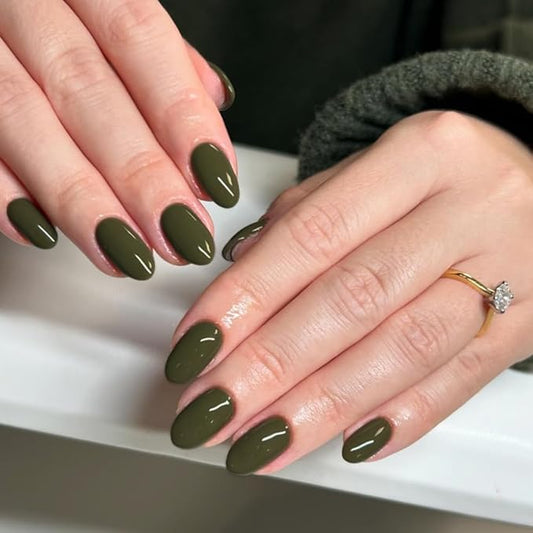 Olive Green Press on Nails Short Almond Shape, Thick Solid Color Glue on False Nails, Medium Oval Round Shaped for Women, 24Pcs Natural Acrylic Gel