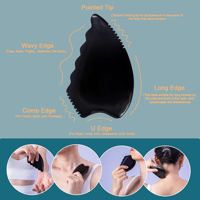 Gua Sha Facial Massage Tools, Gua Sha Scraping Tools for Face, Bian Stone Traditional Massage Tool Traditional Scraper Tool Black (Felt Bag)