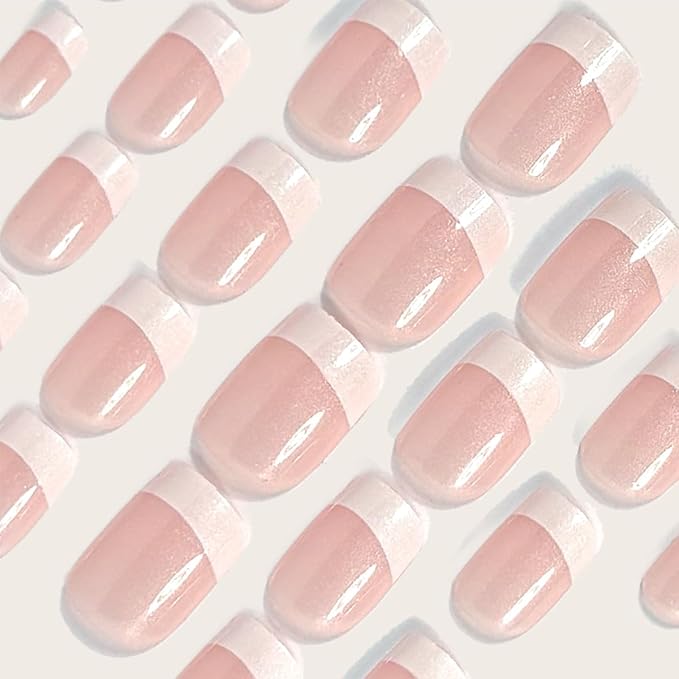 White French Tip Press on Nails Short Square Fake Nails Pink Stick on Nails Full Cover Acrylic False Nails Reusable Natural Glue on Nails With Nude Designs for Women Girl Salon Manicure 24pcs
