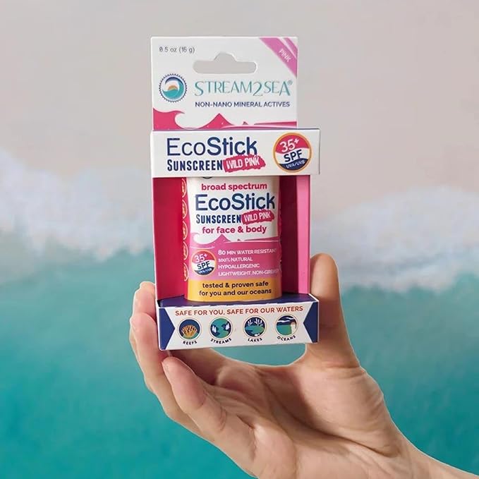 STREAM2SEA EcoStick SPF 35 Mineral Sunscreen Stick, Sweat Water Resistant Sunblock, USDA Approved Biodegradable Paraben Free Reef Safe Sunscreen Protection Against UVA UVB (EcoStick WildPink) 0.5 oz
