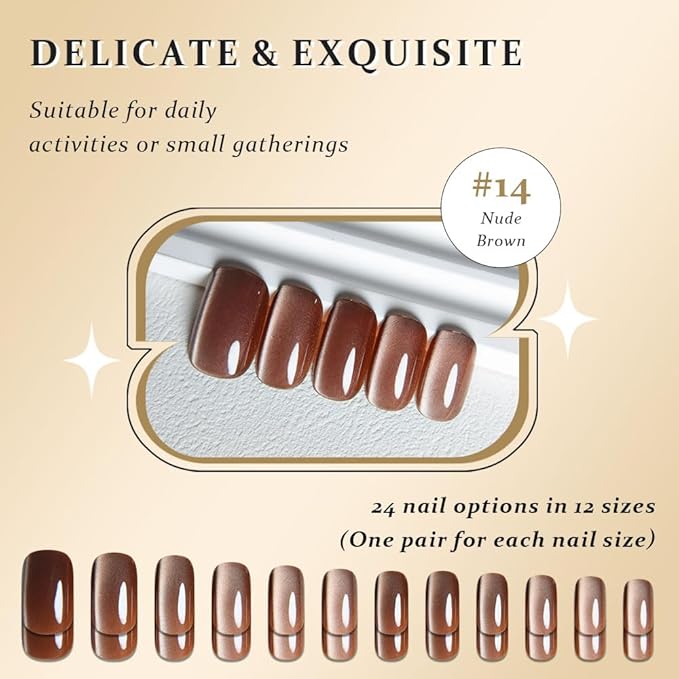 Cat Eye Nude Brown Press On Nails Medium Long Length Square, Designer Reusable Acrylic Fake Nail with Glue, Glossy Gel Nails Wedding Party, Stick On Glue On Nail, Nails Press Ons for Women