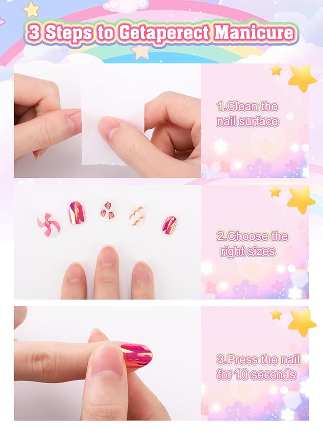 72 Pieces Press on Nails Girls, EBANKU Children Fake Artificial False Nail Tips Pre Glue Full Cover Gold Strawberry Press on Nails for Kids 7-12 Years