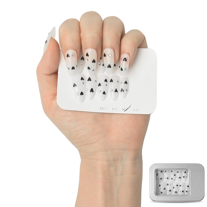 White Press On Nails Black Heart & Rhinestone Design- Handmade Medium Almond Gel Acrylic 10pcs Reusable (Night Sweetheart, Size M)