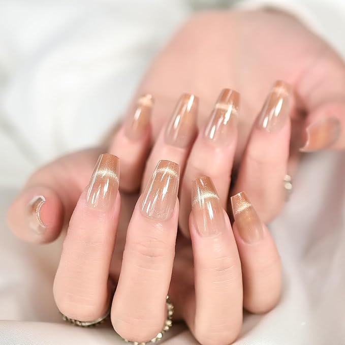 Shimmery Cat Eye Press On Nails Coffin Medium Length Nails Women Girls Gifts Shiny Salon Manicure Light Brown Nude Gel Nail Art Tips Fake Nails Reusable Acrylic False Nails Glue On Nails