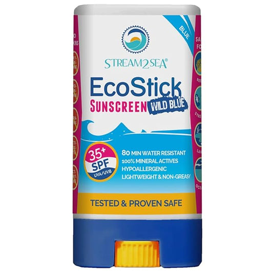 STREAM2SEA EcoStick SPF 35 Mineral Sunscreen Stick, Sweat Water Resistant Sunblock, USDA Approved Biodegradable Paraben Free Reef Safe Sunscreen Protection Against UVA UVB (EcoStick WildBlue) 0.5 oz