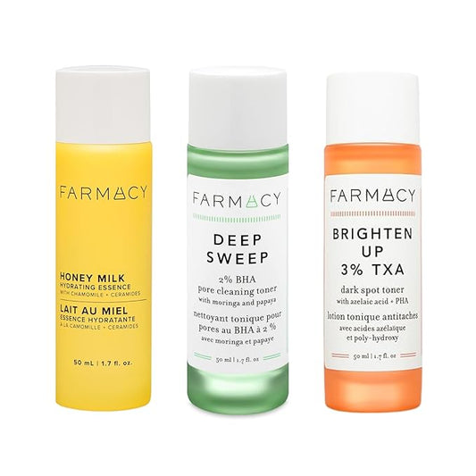 Farmacy Toner Trio Set - Hydrating Essence, 3% TXA Brightening, 2% BHA Deep Sweep (50ml) - Exfoliate, Brighten & Hydrate with Honey, TXA, Salicylic Acid & Moringa