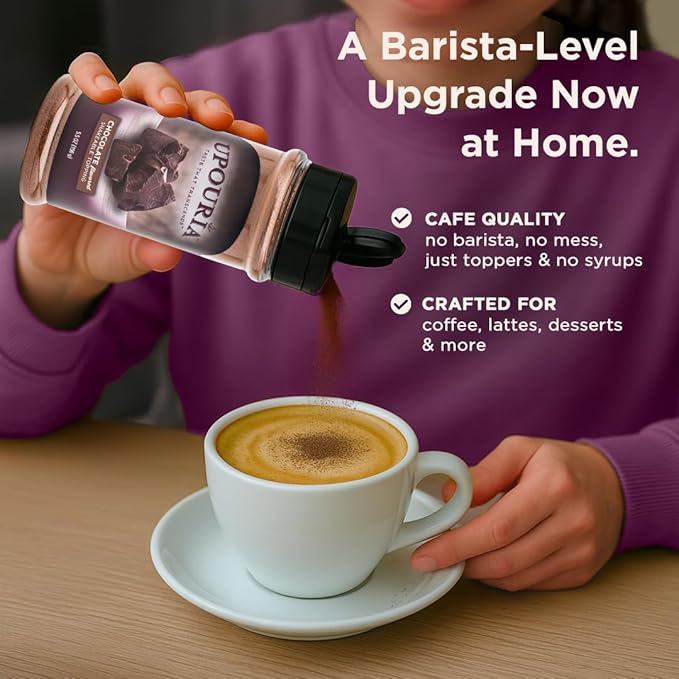 Upouria Chocolate Flavored Shakable Topping for Coffee, Lattes, Desserts, Gourmet Cocoa Taste, 5.5oz