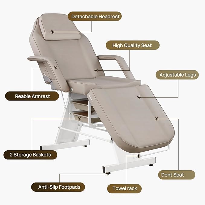Facial Chair Massage Table 73inch Adjustable Tattoo Chair for Artist with Stool Facial Bed for Spa Beauty Esthetician Gray