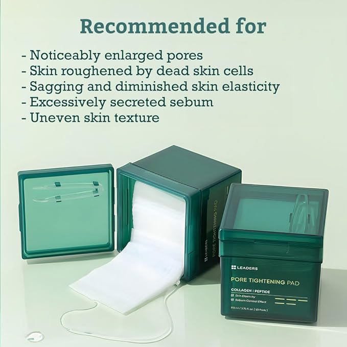 LEADERS Pore Tightening Toner Pad - Triple-Action Pore Improvement Skin Elasticity| Vegan-Certified | Clinically Proven Efficacy | Korean Skincare 50 Pads x 170ml