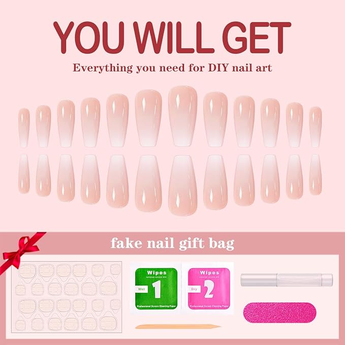 Yivaiks Nude Press on Nails Medium Length Coffin False Nails Press ons Fake Nails with Glue on Nails Full Cover Acrylic Nails for Women Artificial Nails Kit 24pcs