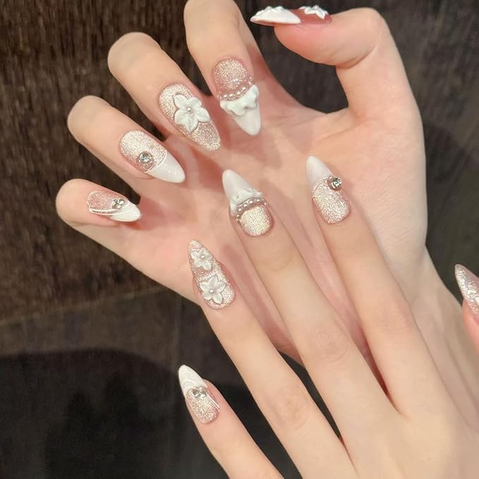 Handmade Press on Nails Almond Medium Fake Nails French Tip with 3D Flower Charm Designs Pink Glitter Cute Acrylic Nails for Women 10pcs (Size M）