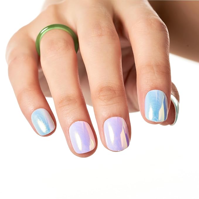 GLAMERMAID Extra Short Press on Nails 24PCS, Chrome Pink and Blue Fall Gel Glue on Nails, Glossy Round Reusable UV Finish Fake Nails Acrylic False Nails Manicure Kits for Women