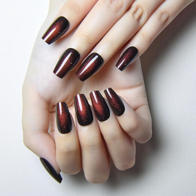 evpct Reddish Brown Cat Eye Coffin Press on Nails Square Medium, Medium Square Glue on Nails for Women Gift, Wine Red Metallic Glitter Glossy Reusable Spring Summer Gel Press on Acrylic Fake Nail