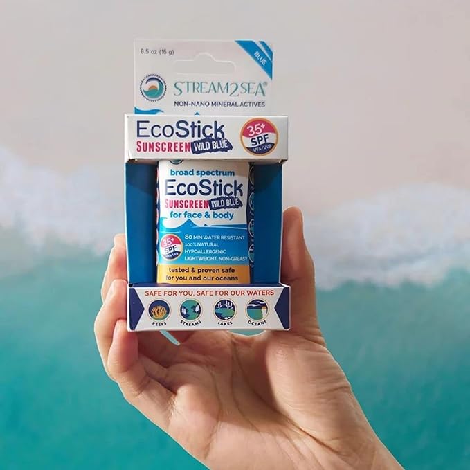 STREAM2SEA EcoStick SPF 35 Mineral Sunscreen Stick, Sweat Water Resistant Sunblock, USDA Approved Biodegradable Paraben Free Reef Safe Sunscreen Protection Against UVA UVB (EcoStick WildBlue) 0.5 oz