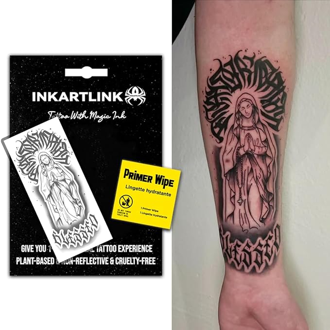 INKARTLINK Semi Permanent Tattoo, party tattoo, beautiful and realistic design, fun tattoo experience, cruelty-free, non-reflective, waterproof (Holy Mother 3)