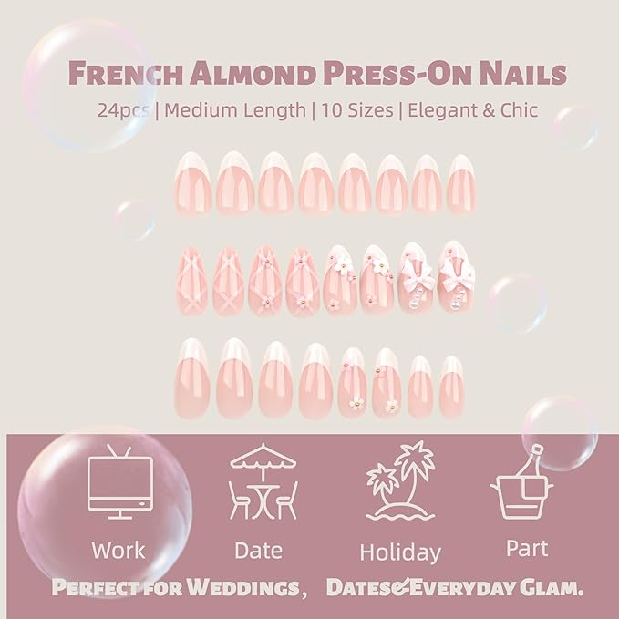 24PCS Blush Pink French Almond Press-On Nails – Medium Length Fake Nails with 3D Bow & Flower Design, Soft Back & Durable Tip, Reusable Stick-On Nail Tips with Glue & Tools for Women