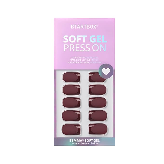 BTArtbox Press on Nails Short Square - Dark Red Nails with Glossy French Tips in a Matte Finish, Soft Gel Fake Nails Glue On Nails in 16 Sizes for for Valentine's Day Gift, Cozy Cocoa
