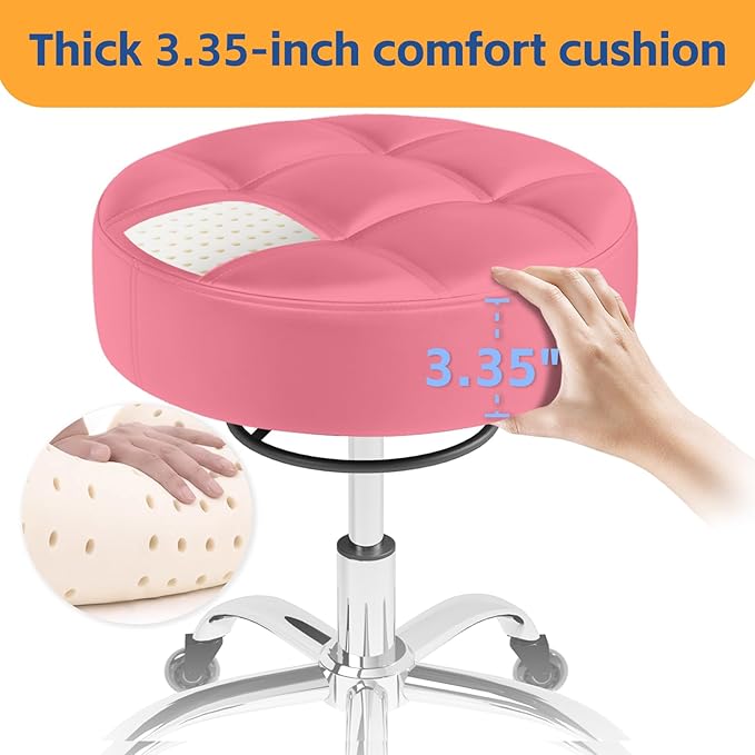 Rolling Stool Heavy Duty 400lb: Super Soft Seat Cushion,360° Swive,Height Adjustability,No Squeaky Noises,No Tip Over,New Upgraded Stool Salon Stool Chair, Tattoo Facial Massage Spa Medical (Pink)