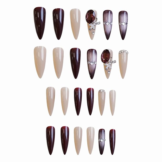 Rhinestones Press on Nails Long Length Purple Cat Eye Almond Tip Acrylic Fake Nail Full Cover Handmade Artificial Fingernails 24Pcs DIY Reusable Press Ons Artificial Stick on Nails for Women